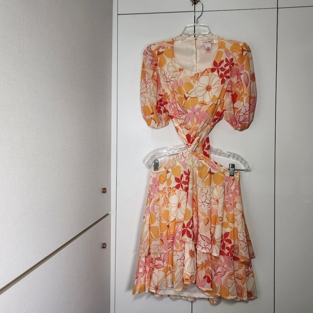 Flying Tomato Floral Print Mini Dress Twisted Cutout Waist T Ruffle Skirt Size L